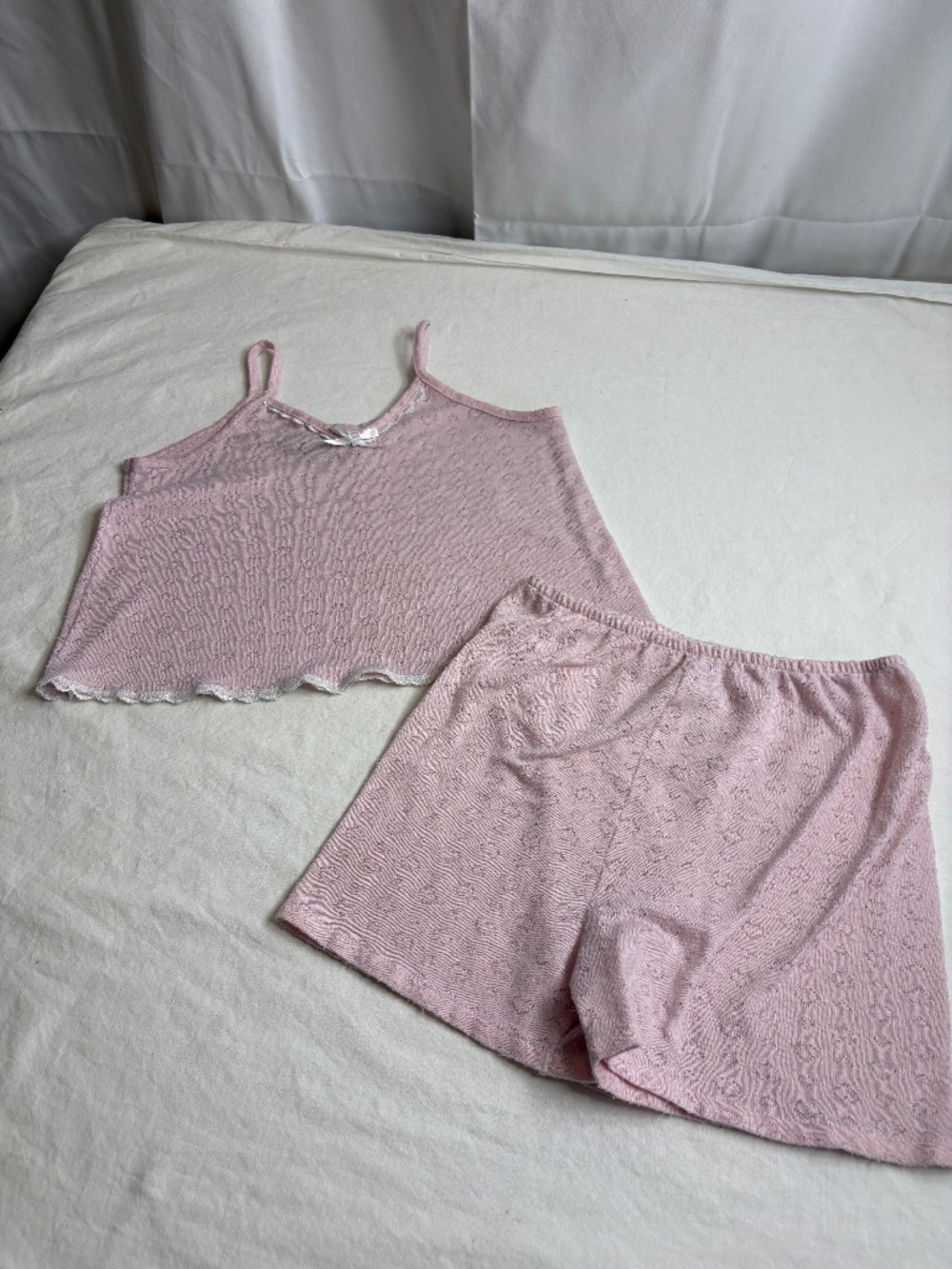 Vtg Basic Editions Girls Heart 2 pc Cami/Shorts Lace Trim/ Bow Pajama Set Size 6